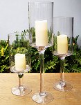 3 Piece Stemmed Glass Candle Holders 16", 20", 24" tall x 6" opening