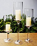3 Piece Stemmed Glass Candle Holders 16", 20", 24" tall x 5" opening