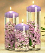 Round Disc Floating Candles in Glass Cylinders with Silk Lilacs